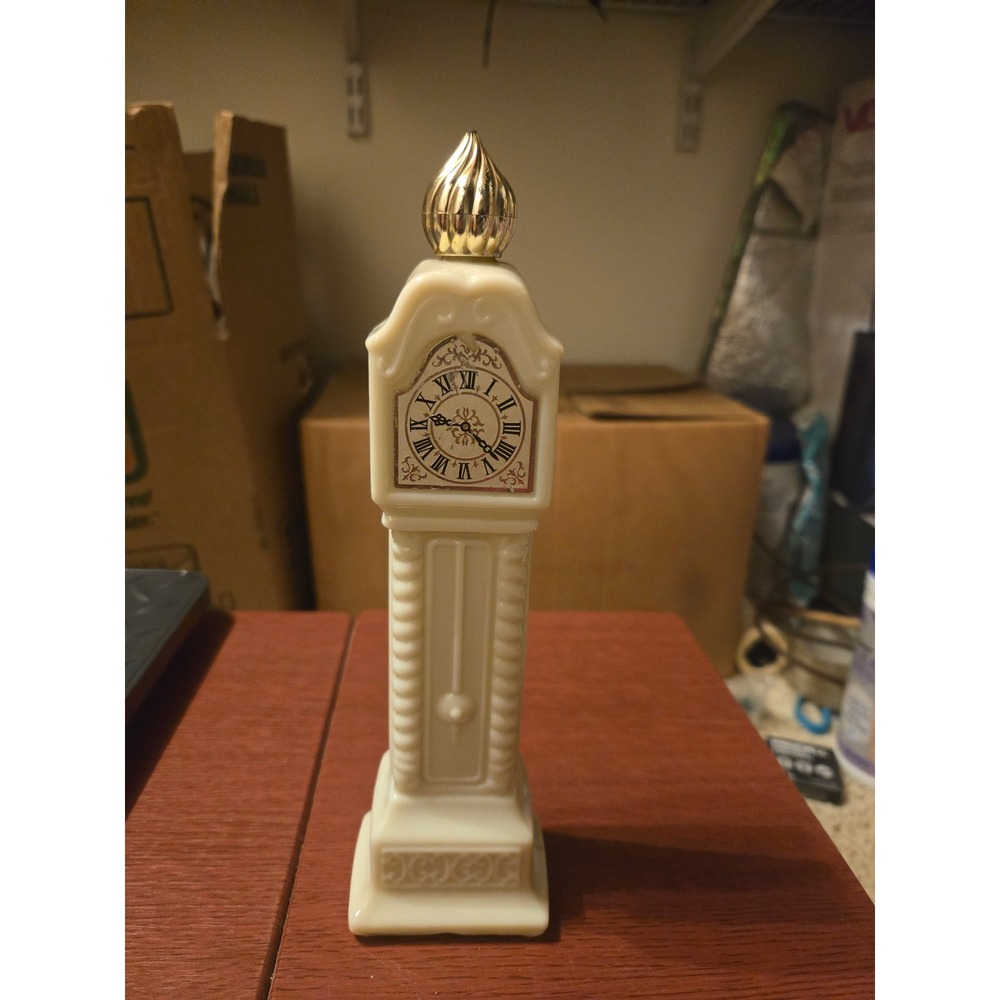 Vintage Avon Grandfather Clock Milk Glass‎ Decanter Bottle Gold Finial Cream